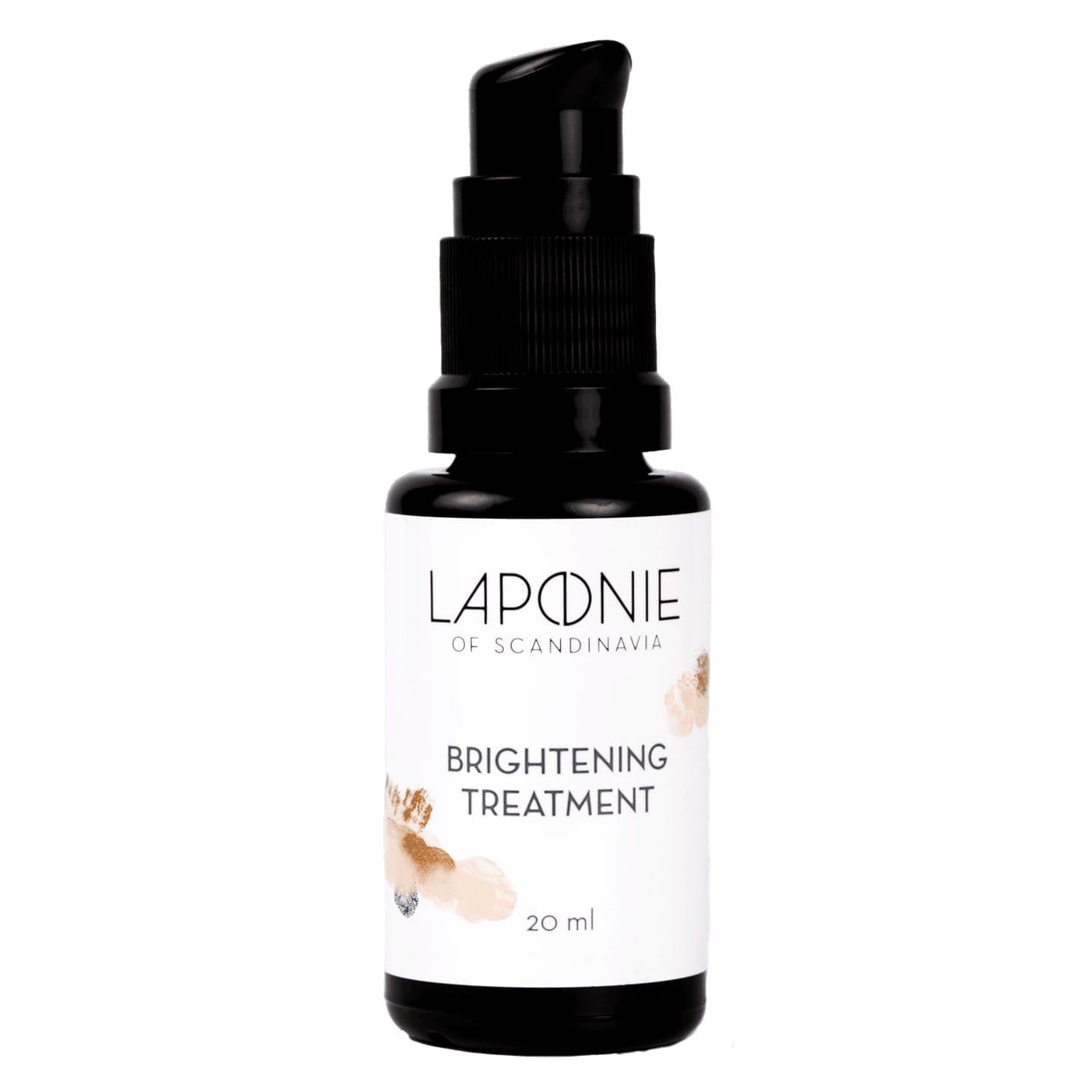 A black pump bottle labeled Laponie of Scandinavia Clarifying Treatment Serum, 20 ml, with a minimalistic white label. Ideal for sensitive skin and presented against a plain white background.