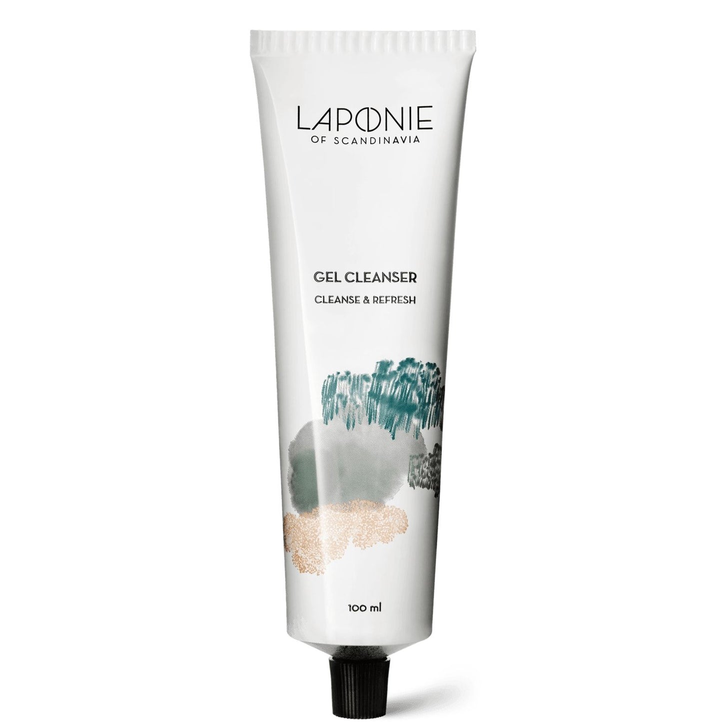 A 100 ml white tube of Laponie of Scandinavia Gel Cleanser features abstract green and beige designs, black text, and a black cap. This vegan cleanser for sensitive skin is labeled “Cleanse & Refresh.”.