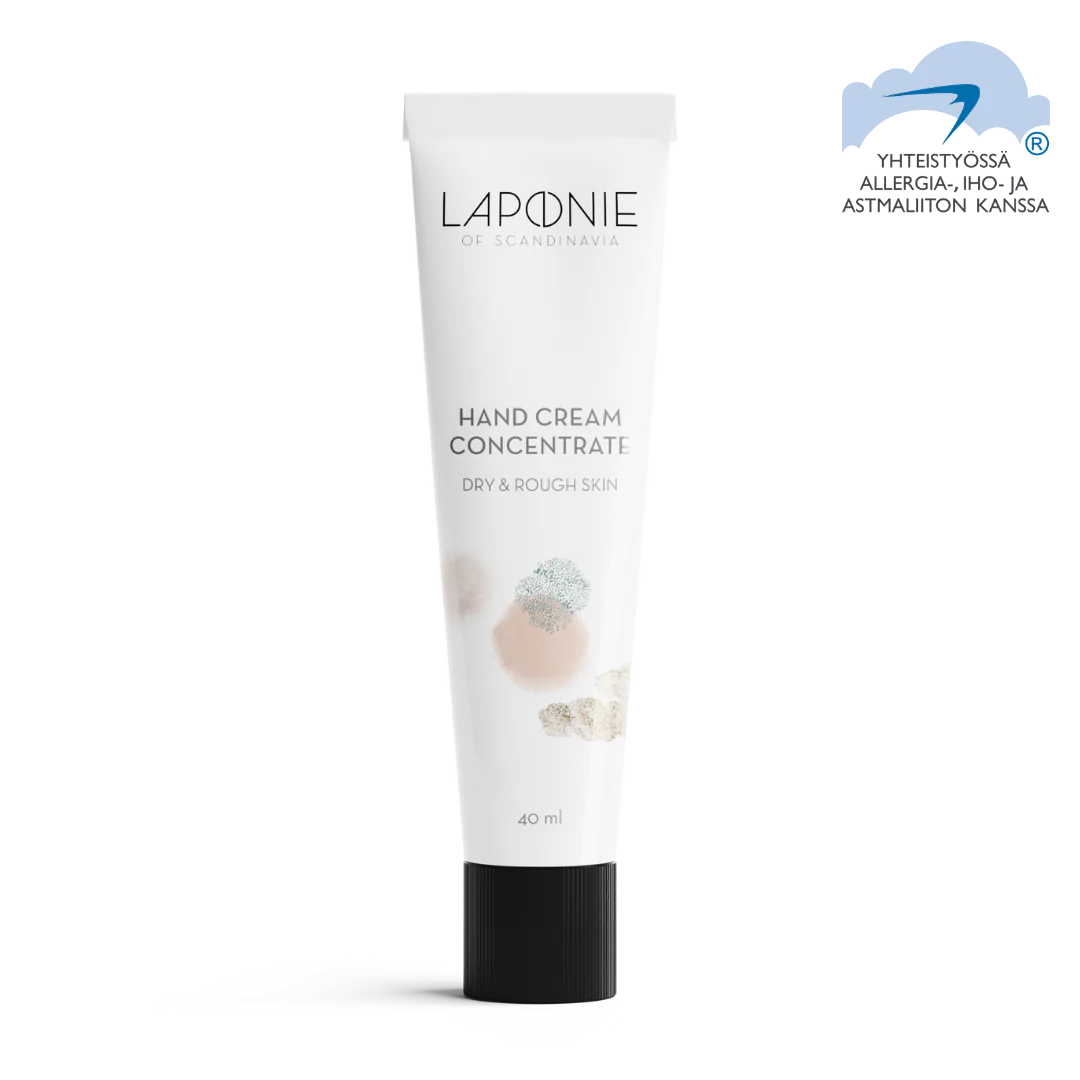 A white tube of Laponie of Scandinavia Hand Cream Concentrate, 40 ml, for dry and rough skin stands upright. A blue and white Finnish allergy certification logo appears in the top right corner.