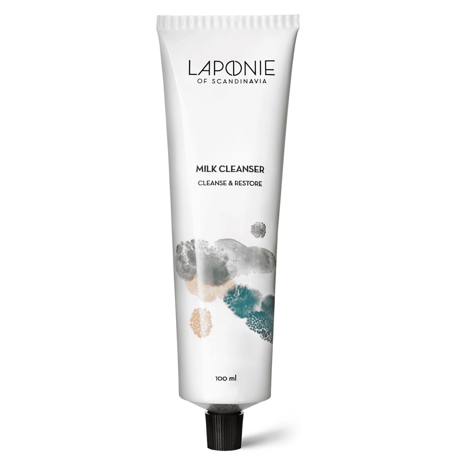 A 100 ml white tube of Laponie of Scandinavia Milk Cleanser, featuring abstract colorful designs and a black cap—a gentle cleansing milk by Laponie of Scandinavia, ideal for sensitive skin.