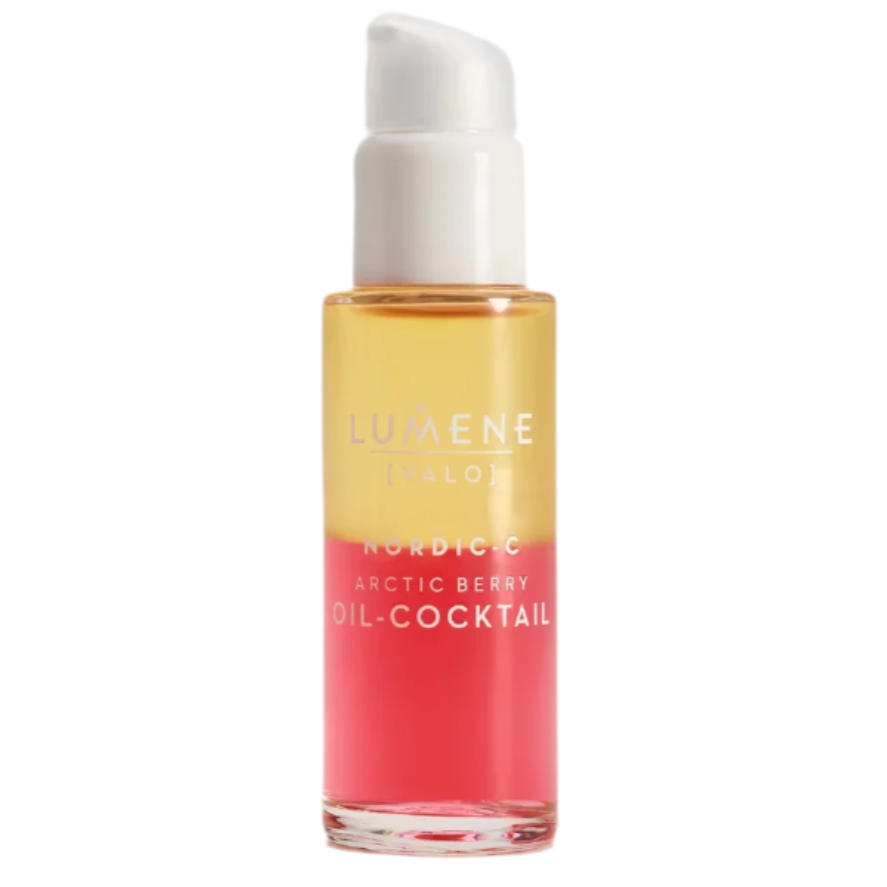 A clear Lumene Nordic-C Arctic Berry Oil-Cocktail bottle with yellow and pink layers, enriched with Arctic cloudberry and Vitamin C, topped by a white pump.