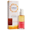 A bottle of Lumene Nordic-C Arctic Berry Oil-Cocktail, featuring a two-tone pink and yellow liquid with a white pump, sits next to its sunburst-adorned box. Enriched with Arctic cloudberry, it promotes radiant skin.