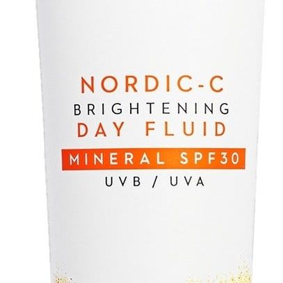 A white tube of Lumene Nordic-C Brightening Day Fluid Mineral SPF30, with orange and yellow accents near the bottom and bold orange text on the front.