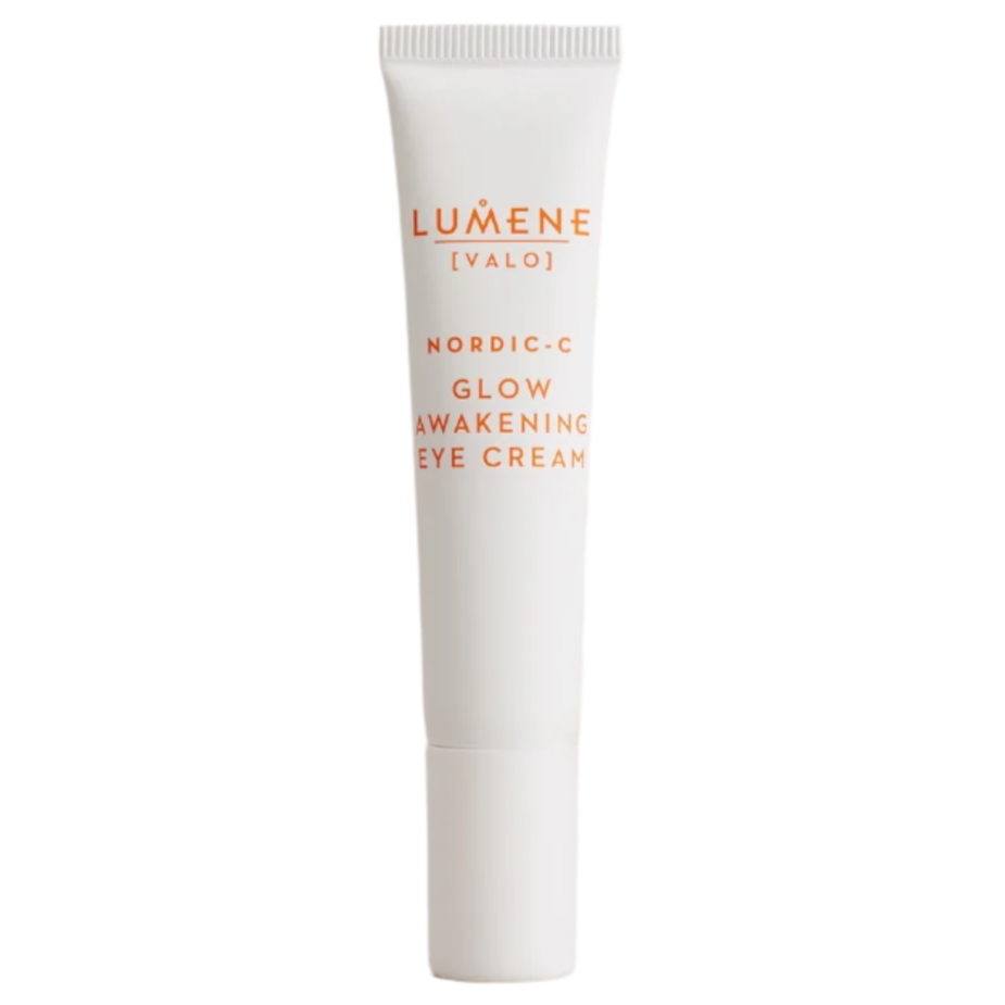 A white tube of Lumene Nordic-C Glow Awakening Eye Cream with orange text, highlighting vitamin C benefits, is shown against a plain white background.