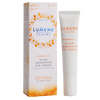 A tube and box of Lumene Nordic-C Glow Awakening Eye Cream by Lumene, in orange and white packaging, highlight vitamin C, Arctic cloudberry benefits, and suitability for all skin types.