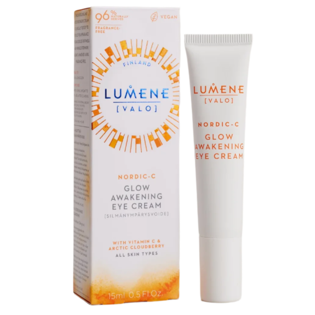 A tube and box of Lumene Nordic-C Glow Awakening Eye Cream by Lumene, in orange and white packaging, highlight vitamin C, Arctic cloudberry benefits, and suitability for all skin types.