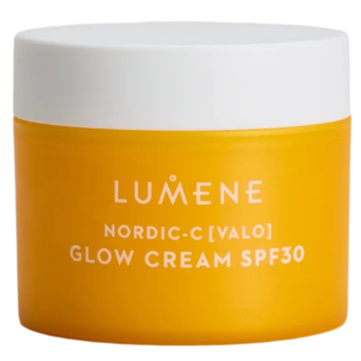 Lumene Nordic-C Glow Cream SPF30 is a bright orange jar with a white lid. This day cream contains vitamin C and Arctic cloudberry to provide radiant skincare and daily sun protection.