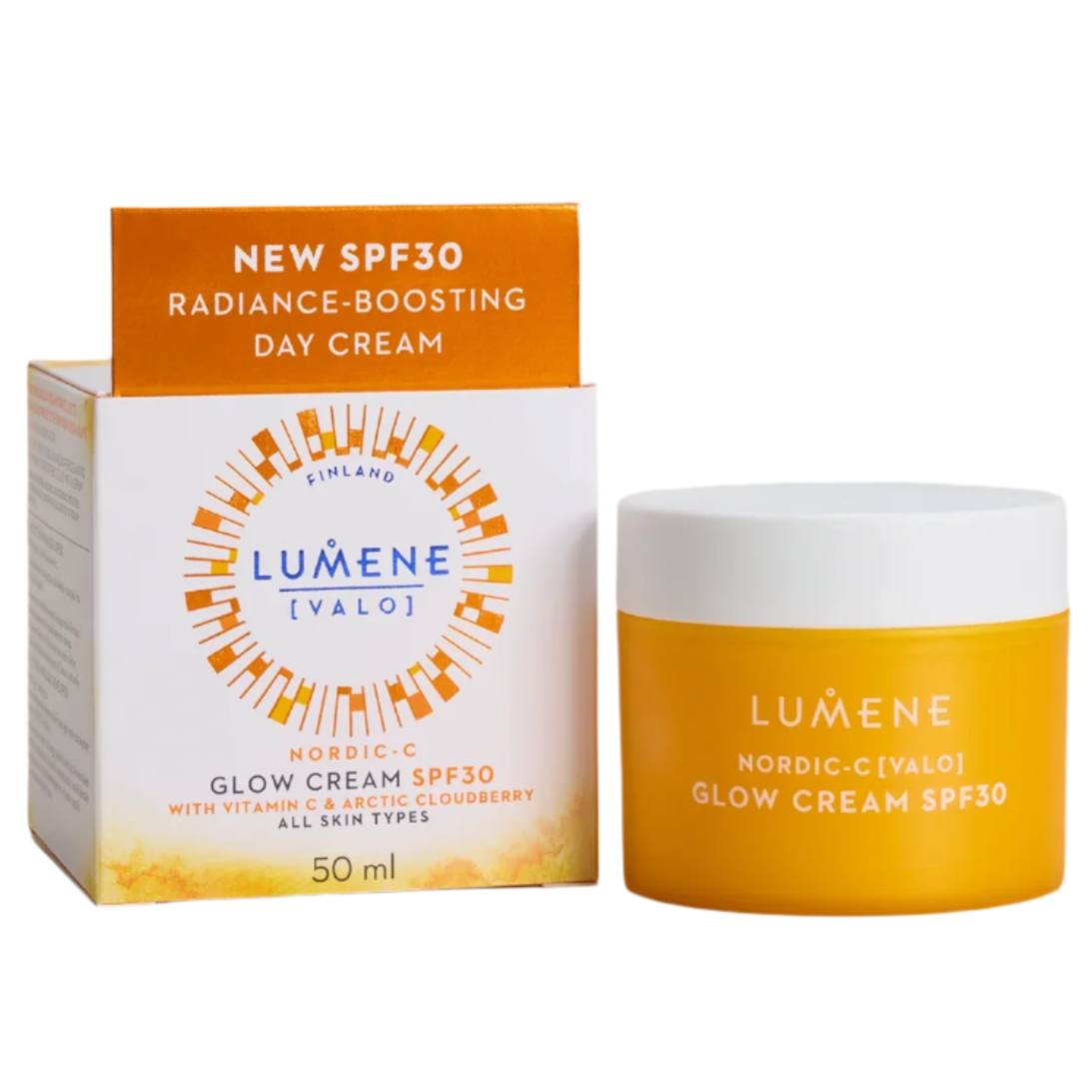 A yellow and white jar of Lumene Nordic-C Glow Cream SPF30 sits by its box, featuring SPF30 protection, radiance-boosting vitamin C, and an Arctic cloudberry formula for all skin types.