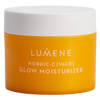 A bright orange jar with a white lid, labeled Lumene Nordic-C Glow Moisturizer by Lumene, is displayed against a plain white background.