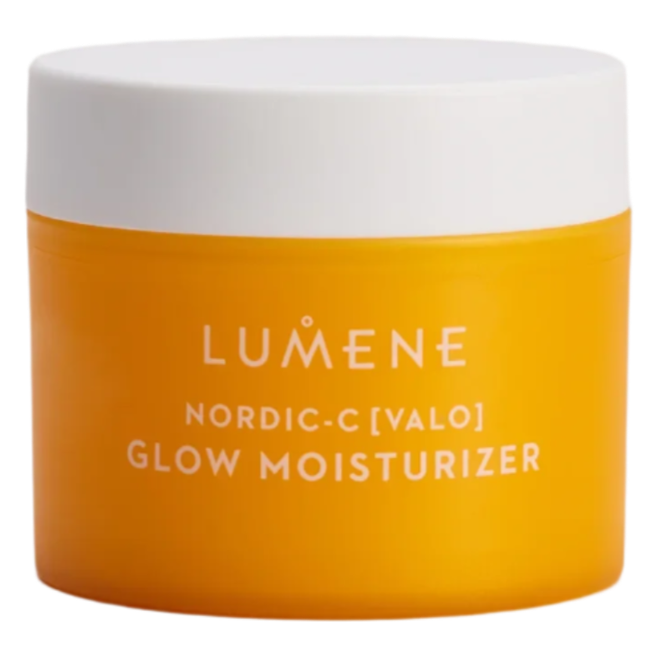 A bright orange jar with a white lid, labeled Lumene Nordic-C Glow Moisturizer by Lumene, is displayed against a plain white background.