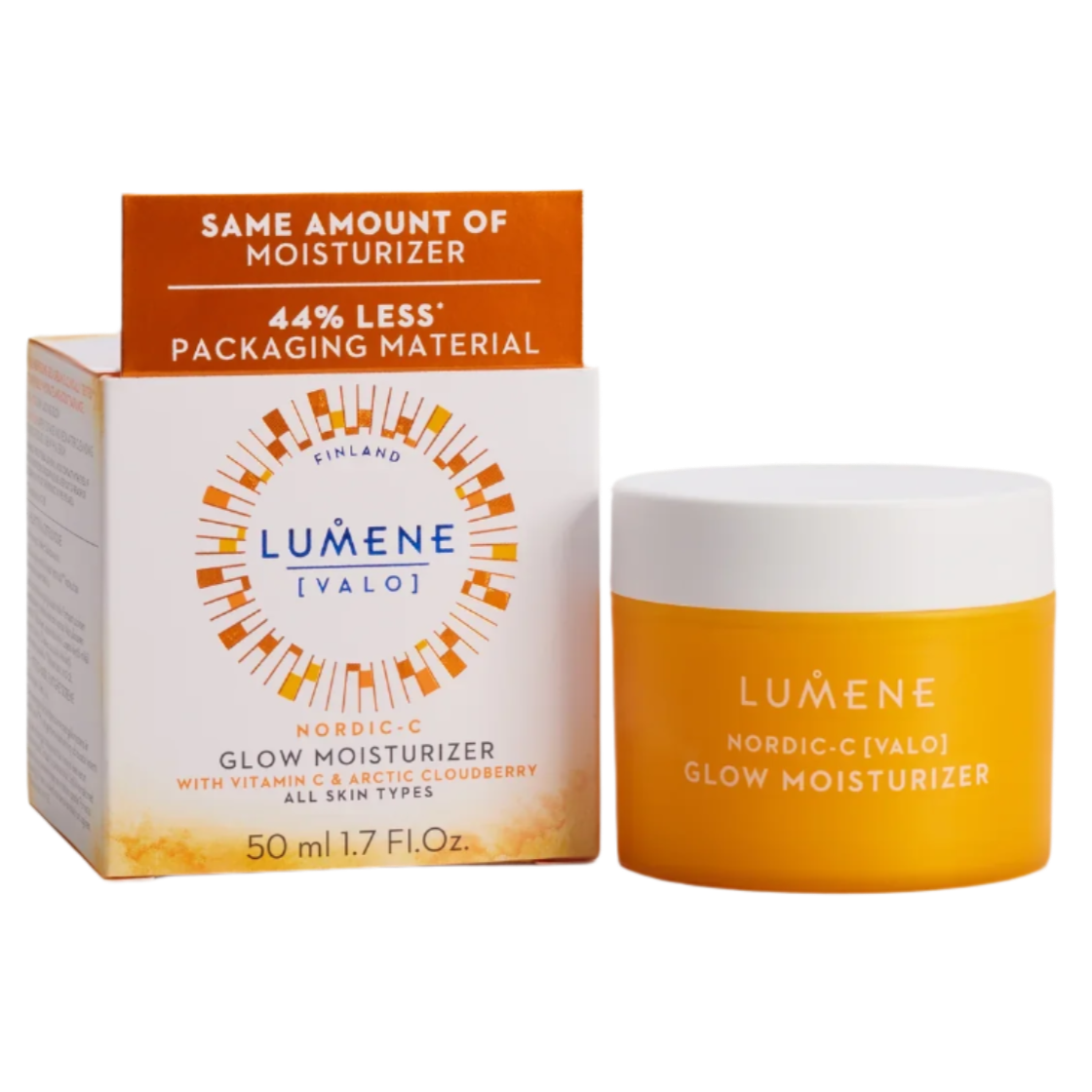 A new Lumene Nordic-C Glow Moisturizer jar and box, featuring Vitamin C and arctic cloudberry, uses 44% less packaging for a more sustainable skincare choice.
