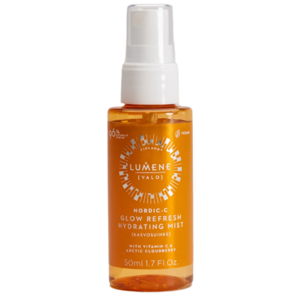 A 50ml bottle of Lumene Nordic-C Glow Refresh Hydrating Mist features an orange label, white text, and a white spray cap. It hydrates the skin and is enriched with vitamin C plus arctic cloudberry.