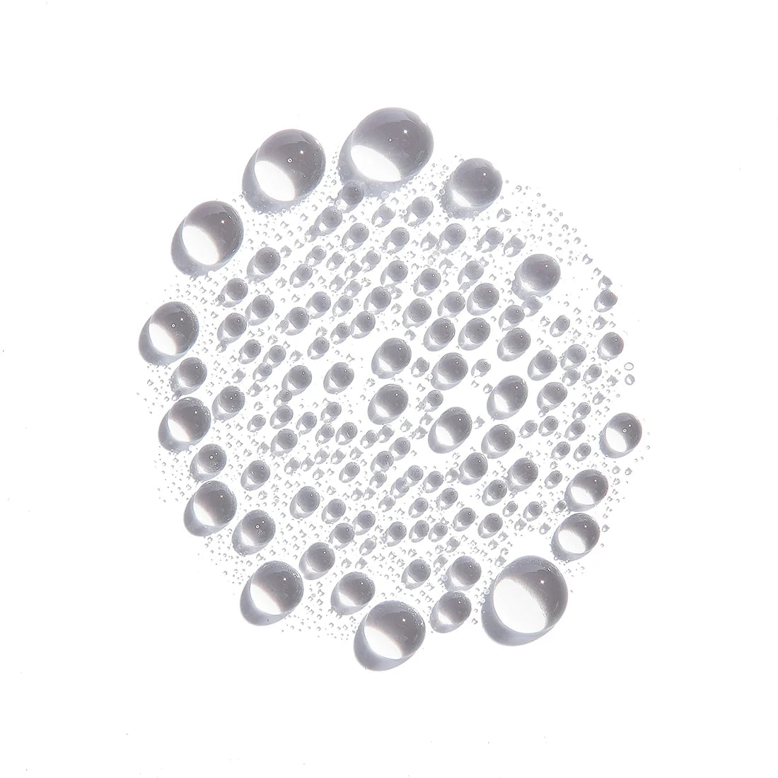 A cluster of glossy, clear droplets forms a circular pattern on white, evoking the hydration and freshness of Lumene Nordic-C Glow Refresh Hydrating Mist by Lumene in a delicate, abstract style.