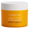 A yellow jar with a white lid labeled Lumene Nordic-C Glow Renew Night Cream, enriched with Vitamin C for radiant skin. The product name appears in white and purple text on the front of the Lumene container.
