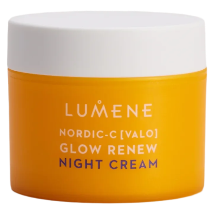 A yellow jar with a white lid labeled Lumene Nordic-C Glow Renew Night Cream, enriched with Vitamin C for radiant skin. The product name appears in white and purple text on the front of the Lumene container.
