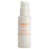 A white bottle of Lumene Nordic-C Glow Renew Night Serum with a pump and orange text on the label, featuring arctic cloudberry and vitamin C, is set against a plain background.