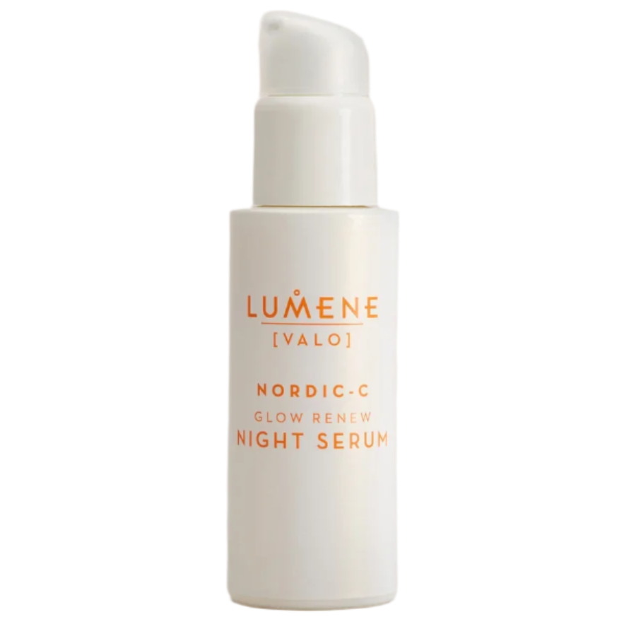 A white bottle of Lumene Nordic-C Glow Renew Night Serum with a pump and orange text on the label, featuring arctic cloudberry and vitamin C, is set against a plain background.