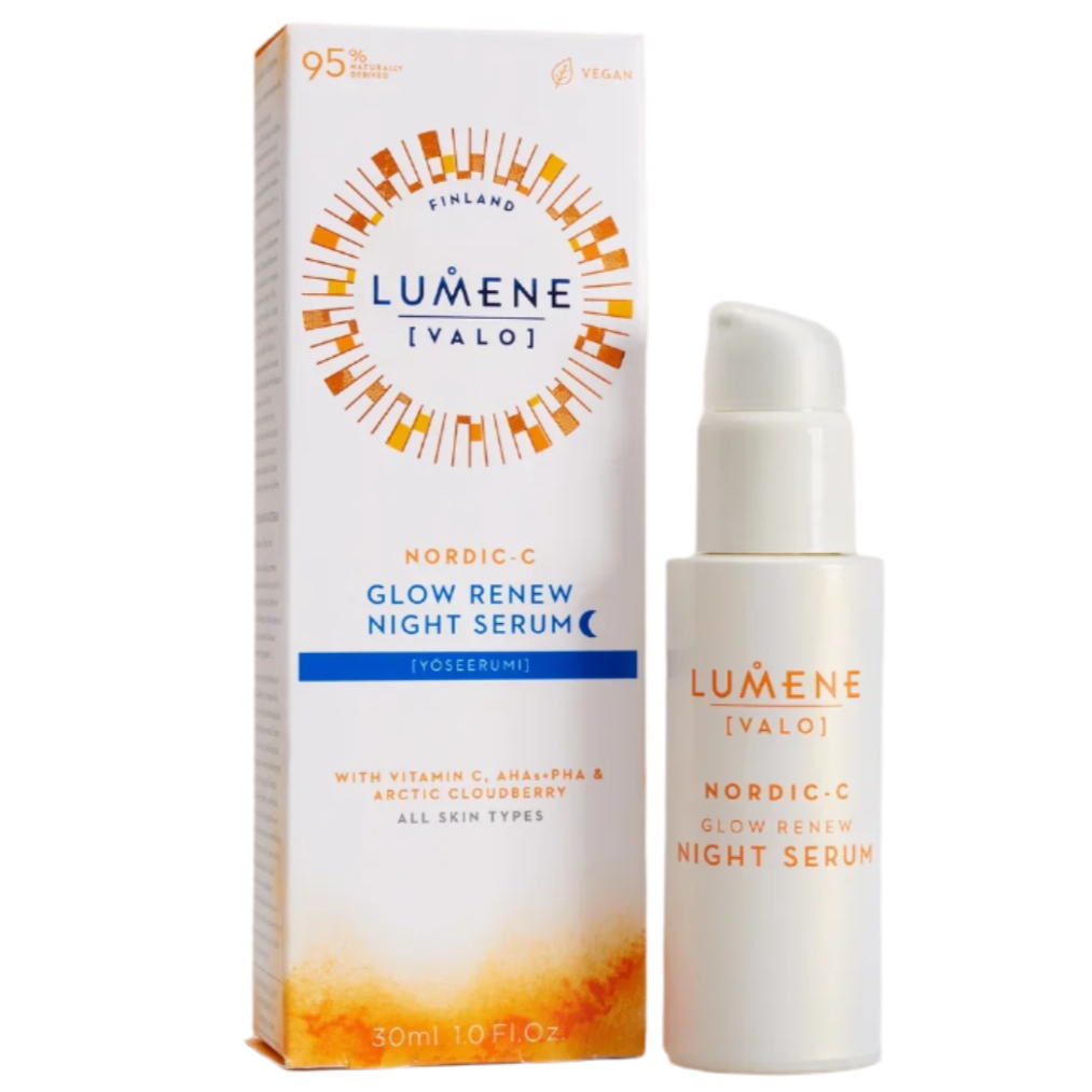 A bottle and box of Lumene Nordic-C Glow Renew Night Serum by Lumene, featuring orange and blue labels that highlight vitamin C, AHA+PHA, arctic cloudberry, and a vegan formula—ideal for your nightly glow routine.