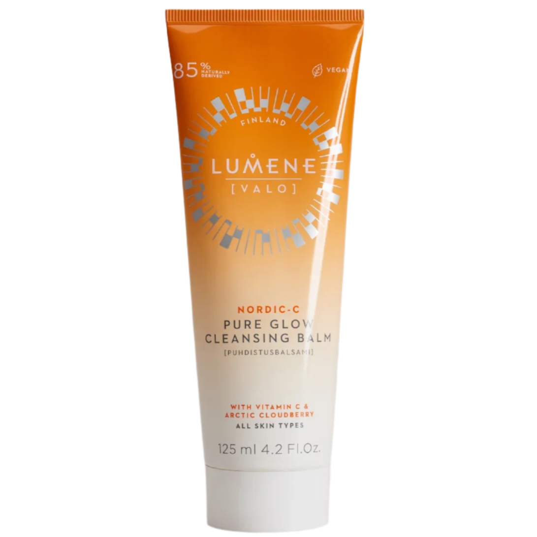 A 125 ml orange and white tube of Lumene Nordic-C Pure Glow Cleansing Balm with vitamin C and Arctic cloudberry; vegan and suitable for all skin types.