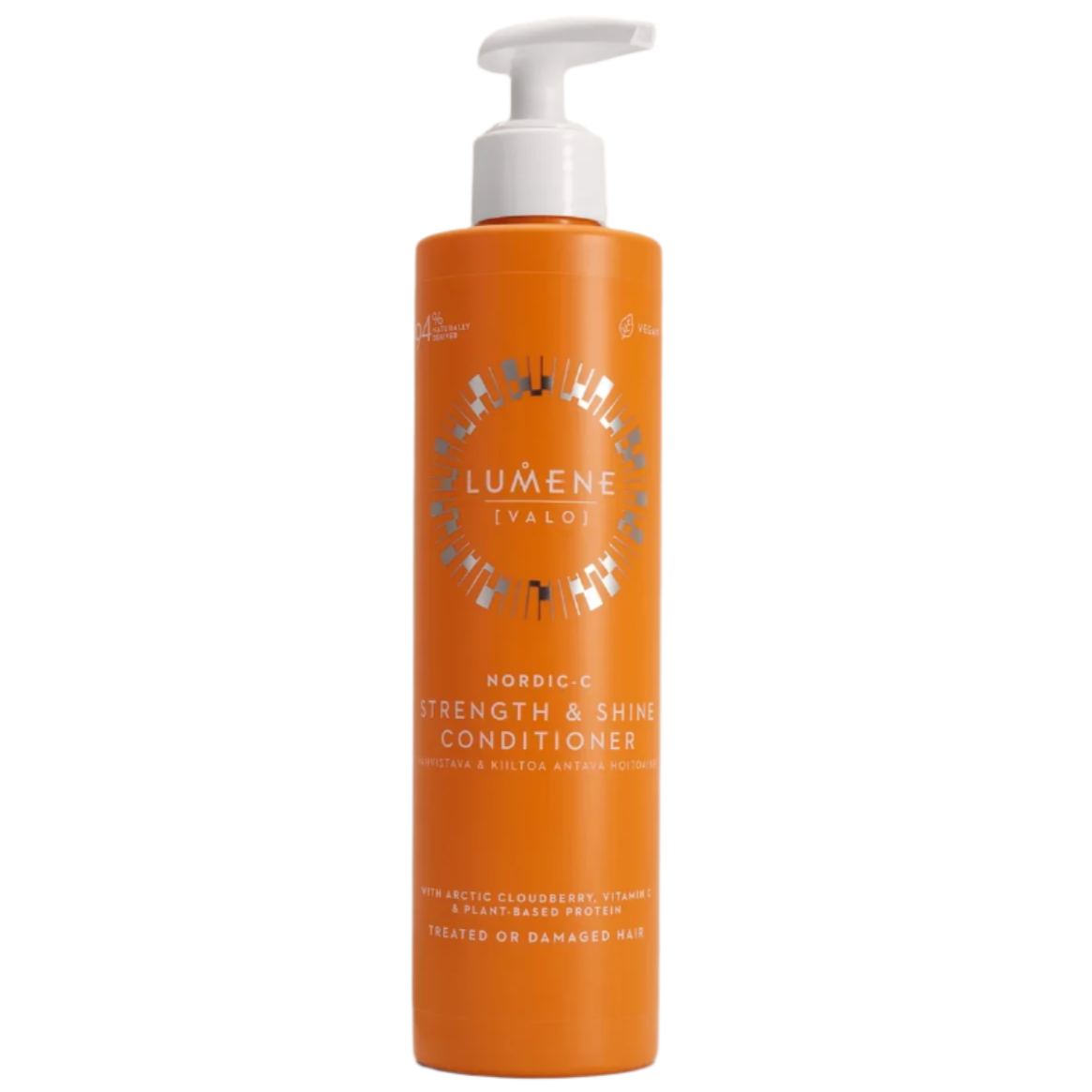 An orange pump bottle of Lumene Nordic-C Strenght & Shine Conditioner for treated or damaged hair, with silver text and accents.