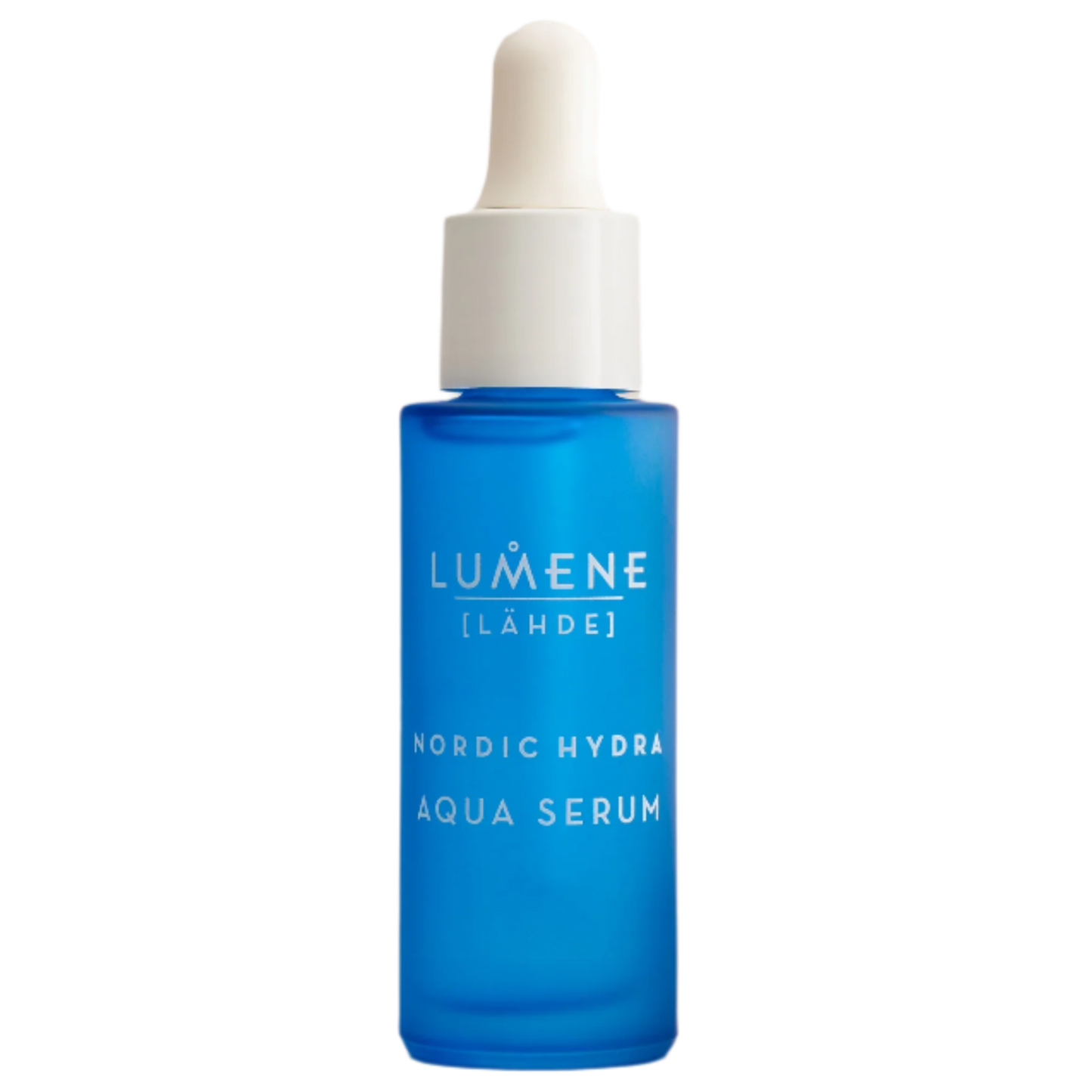 A blue glass dropper bottle of Lumene Nordic Hydra Aqua Serum with a white cap is shown against a white background, offering deep hydration as a face serum.