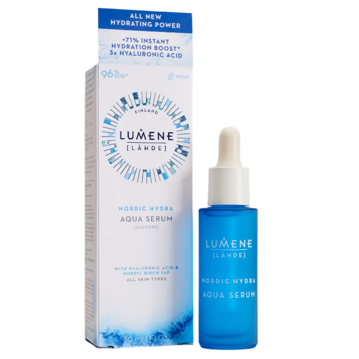 A blue dropper bottle of Lumene Nordic Hydra Aqua Serum by Lumene is displayed beside its white and blue box featuring product details about deep hydration and hyaluronic acid.