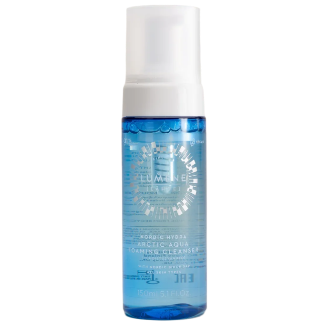 A clear blue bottle of Lumene Nordic Hydra Foaming Cleanser with a white pump cap features a label highlighting Arctic spring water infusion and contains 150ml (5.1 fl oz) of product.