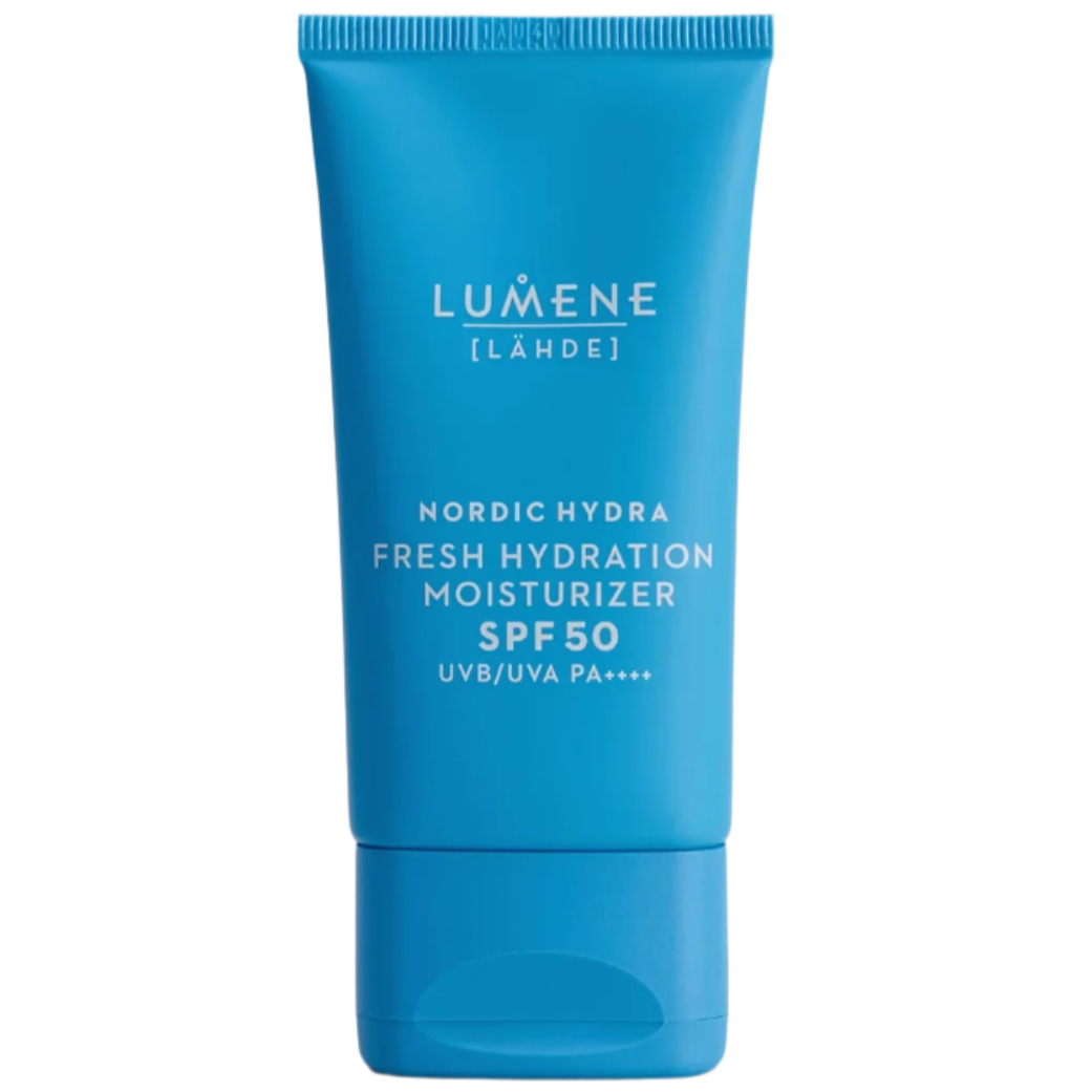 A blue tube of Lumene Nordic Hydra Fresh Hydration Moisturizer SPF50 features the product name, SPF50 sun protection, and daily hydration benefits in white text on the front.