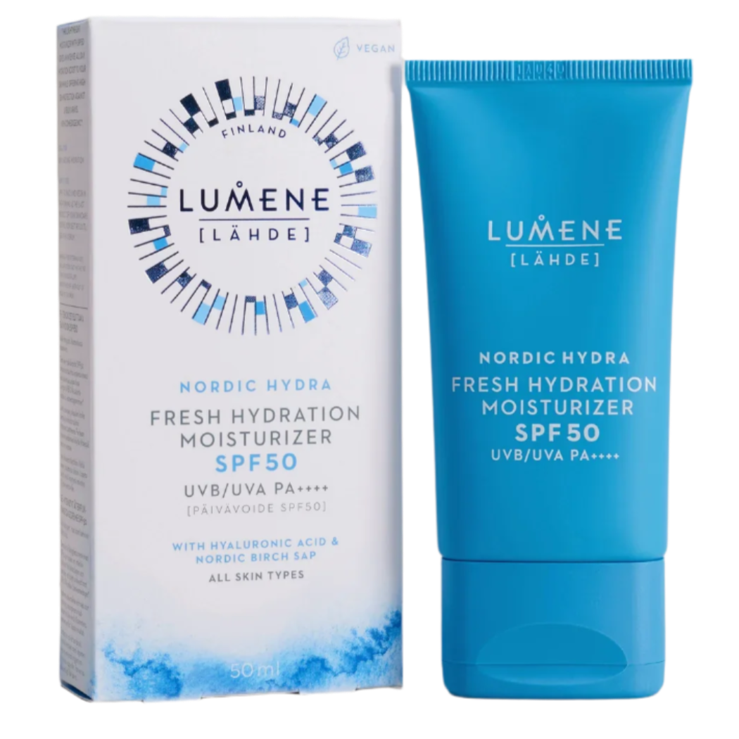 A blue tube and white box of Lumene Nordic Hydra Fresh Hydration Moisturizer SPF50 with blue branding, enriched with hyaluronic acid for daily hydration and suitable for all skin types.