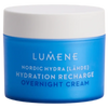 A blue jar of Lumene Nordic Hydra Hydration Recharge Overnight Cream with a white lid and white/blue text deeply hydrates your skin overnight with hyaluronic acid.
