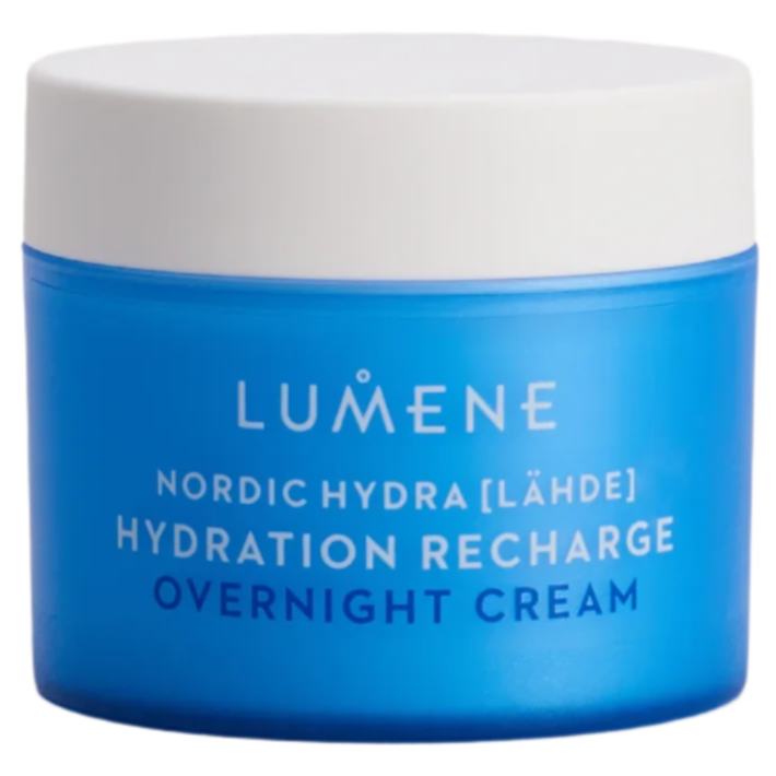 A blue jar of Lumene Nordic Hydra Hydration Recharge Overnight Cream with a white lid and white/blue text deeply hydrates your skin overnight with hyaluronic acid.