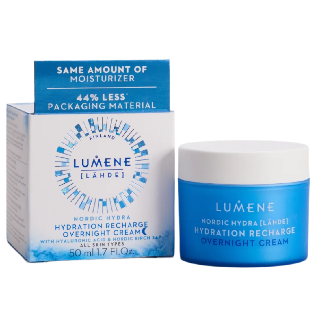 The Lumene Nordic Hydra Hydration Recharge Overnight Cream comes in a blue and white box with a matching 50 ml jar, offering deep hydration for all skin types, featuring hyaluronic acid and eco-friendly packaging.
