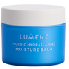 A blue jar with a white lid labeled Lumene Nordic Hydra Moisture Balm by Lumene, featuring triple hyaluronic acid for deep hydration, is photographed against a white background.