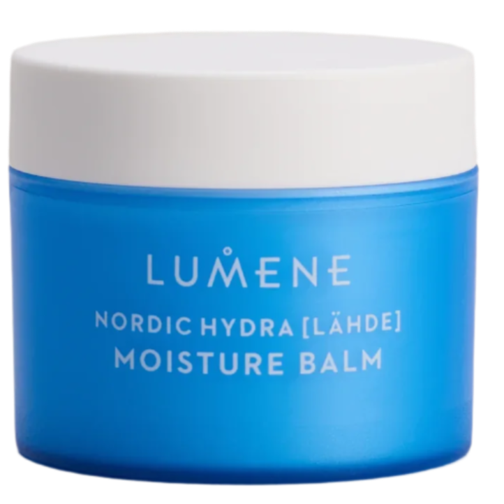 A blue jar with a white lid labeled Lumene Nordic Hydra Moisture Balm by Lumene, featuring triple hyaluronic acid for deep hydration, is photographed against a white background.