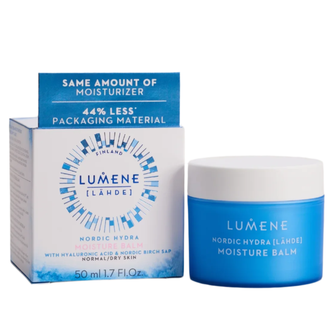 A blue and white jar of Lumene Nordic Hydra Moisture Balm with triple hyaluronic acid sits next to its box, which emphasizes deep hydration for normal to dry skin and reduced packaging material.