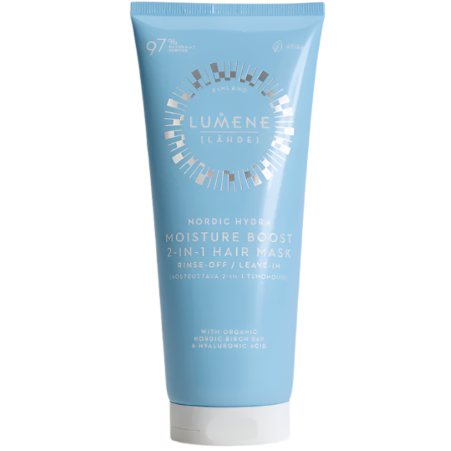 A blue tube of Lumene Nordic Hydra Moisture Boost 2-in-1 Hair Mask with white text, used as a rinse-off or leave-in treatment for deep hydration with hyaluronic acid.