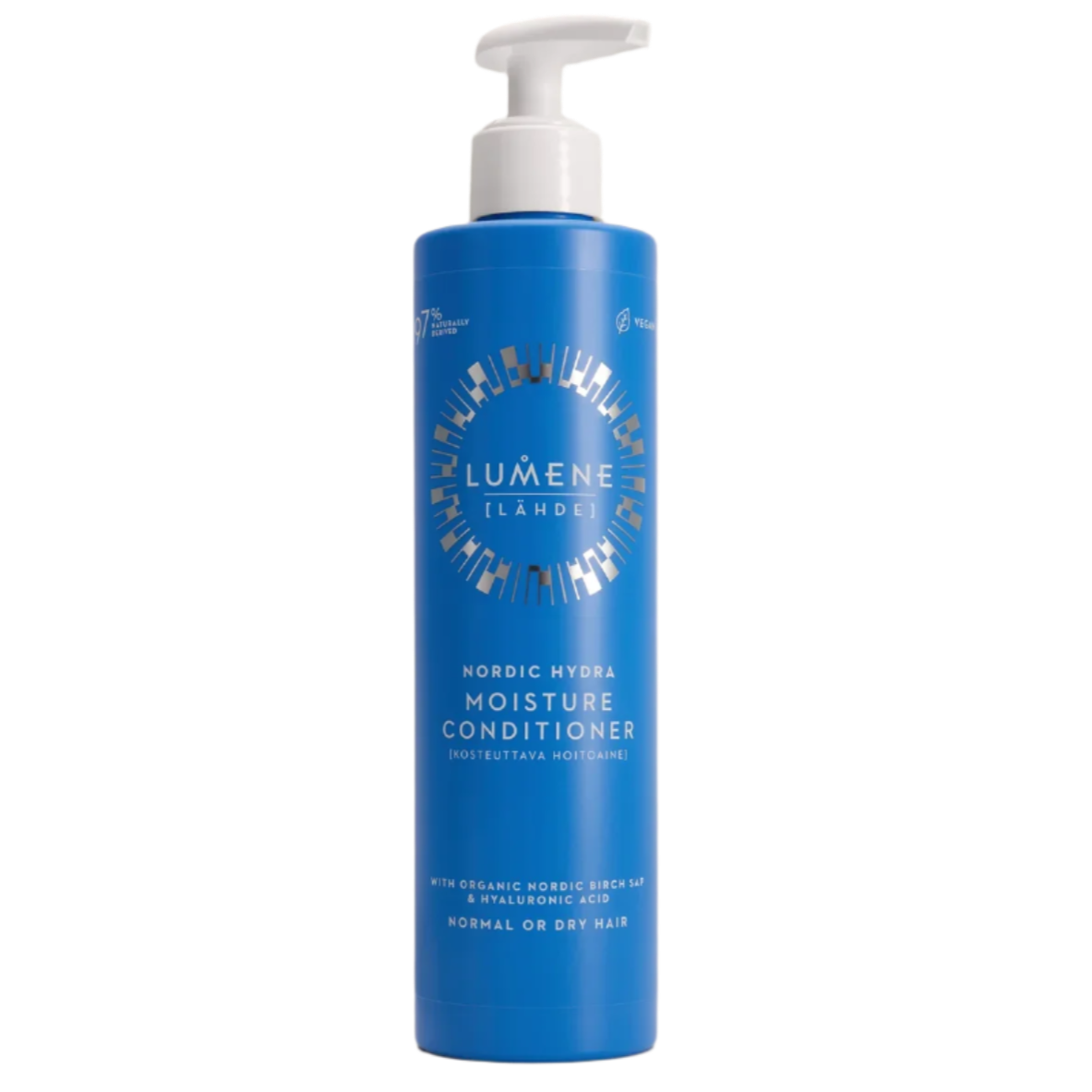A blue bottle of Lumene Nordic Hydra Moisture Conditioner by Lumene with a white pump dispenser, featuring white and gold text and design on the front label.