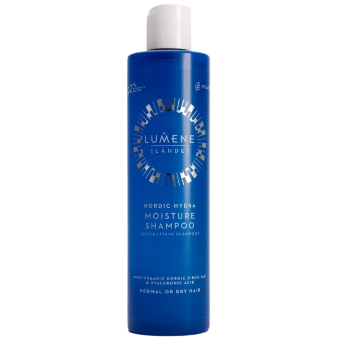 A blue bottle of Lumene Nordic Hydra Moisture Shampoo with a white flip cap. The label highlights hydration for normal or dry hair, featuring organic Nordic birch sap and hyaluronic acid. Brand: Lumene.
