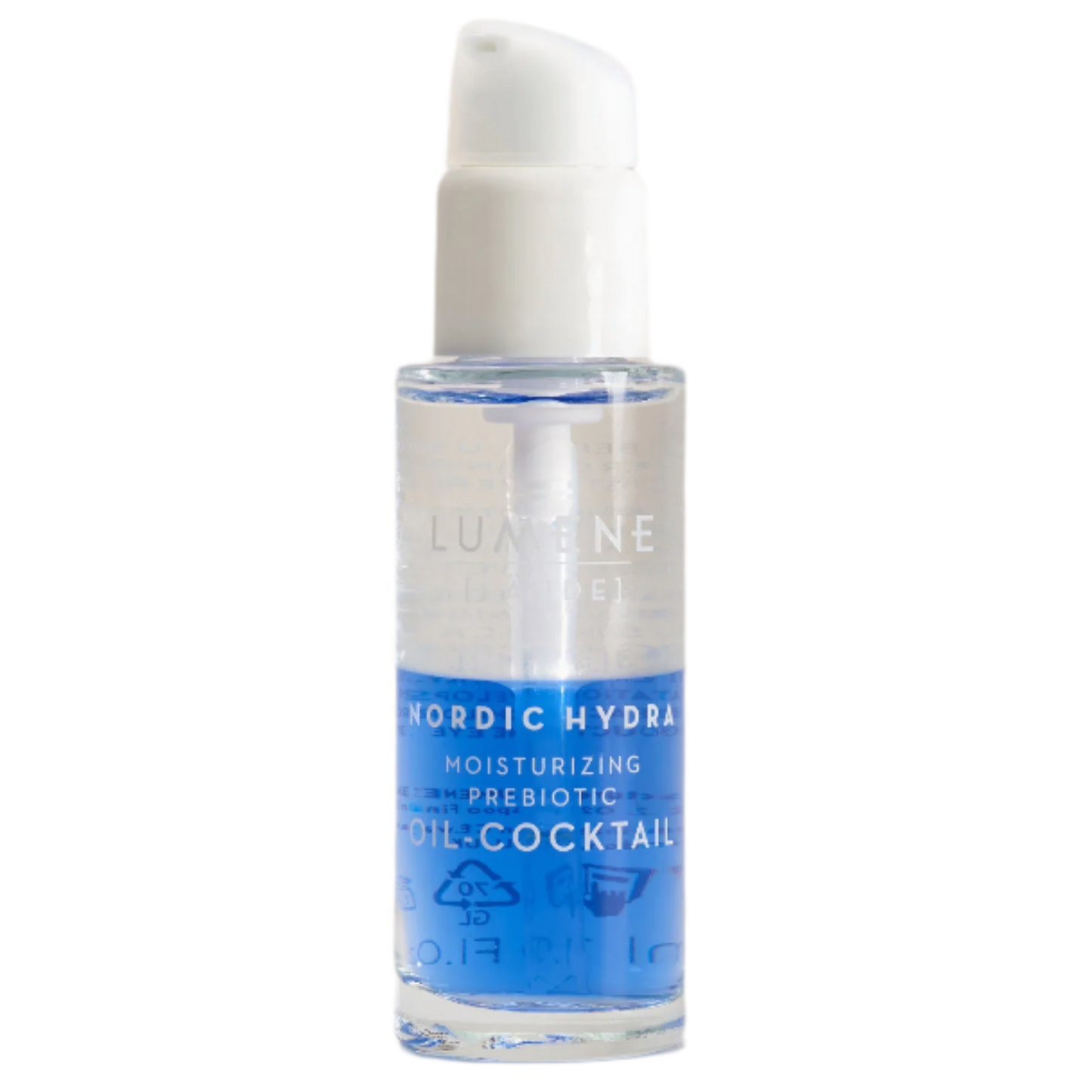 A clear bottle with a white pump contains Lumene Nordic Hydra Moisturizing Prebiotic Oil-Cocktail, featuring two visible layers—blue and transparent—and hydrating Nordic birch sap.