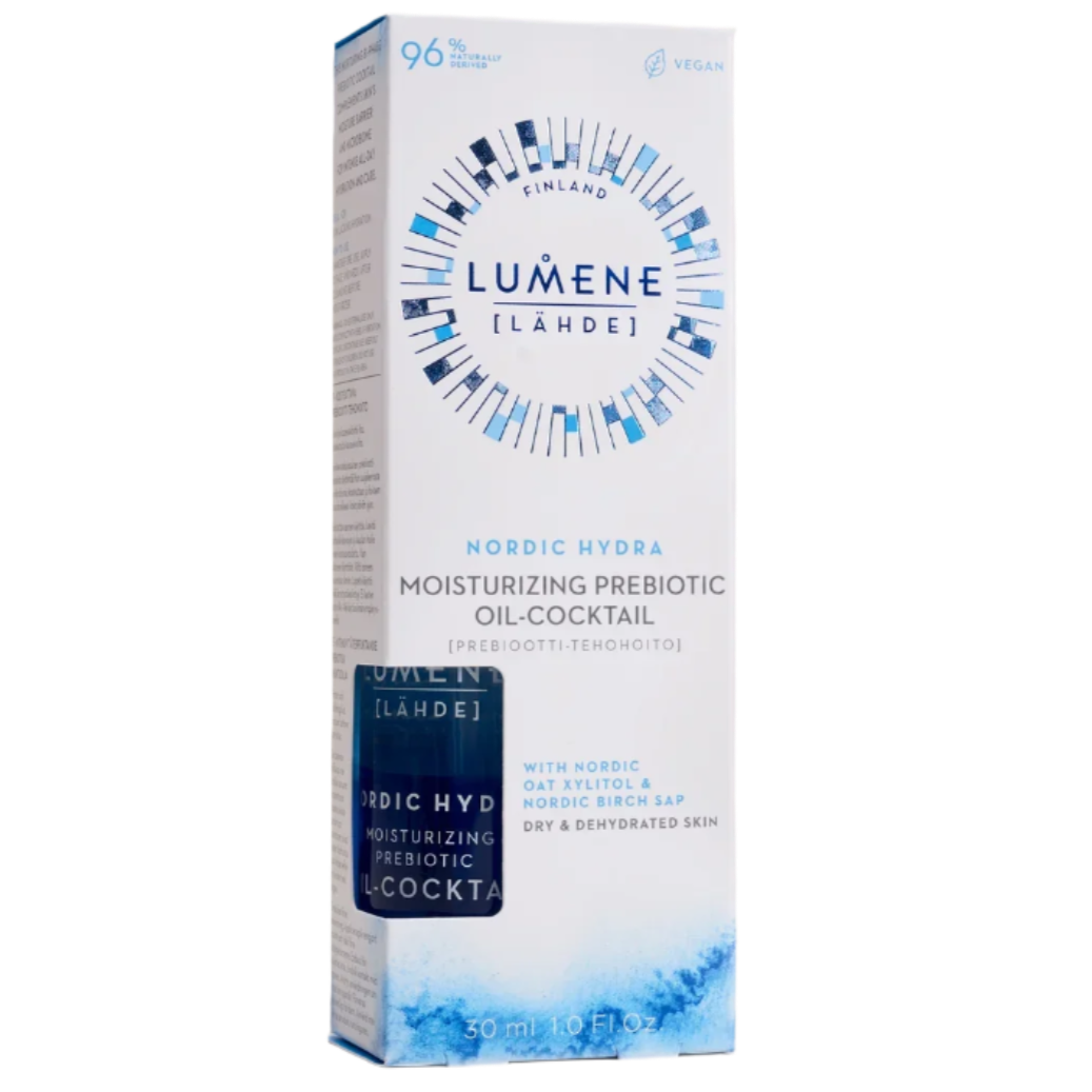 A rectangular box of Lumene Nordic Hydra Moisturizing Prebiotic Oil-Cocktail with a blue and white design, highlighting hydrating benefits for dry and dehydrated skin.