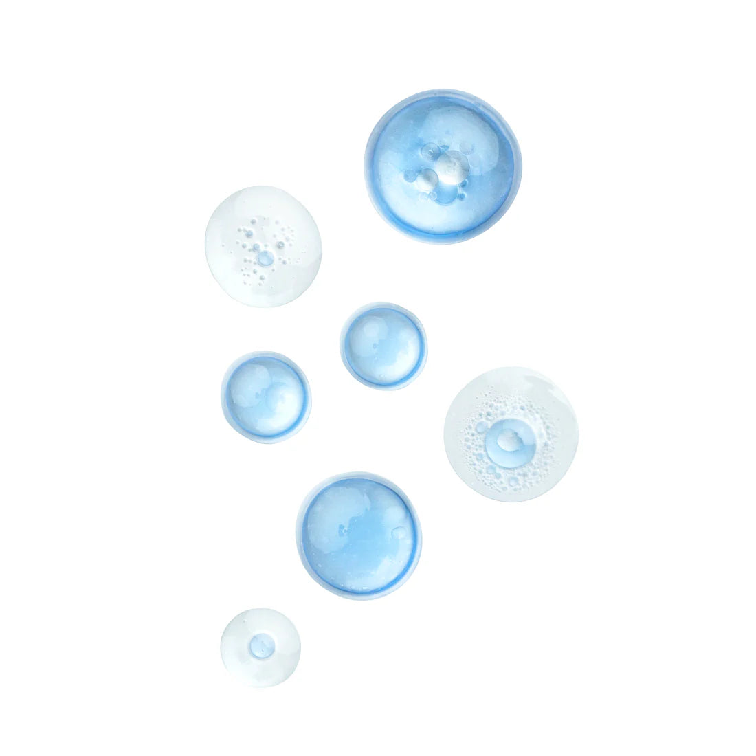 Translucent blue and white bubbles, evoking Lumene Nordic Hydra Moisturizing Prebiotic Oil-Cocktail, float gracefully against a white background.