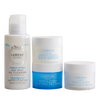 The Lumene Nordic Hydra Travel Kit by Lumene offers Nordic hydration skincare with hyaluronic acid, featuring an Oat Milk Oil Cleanser and three white and blue jars—Moisturizer, 72H Hydra Gel Mask, and Overnight Cream—displayed on white.