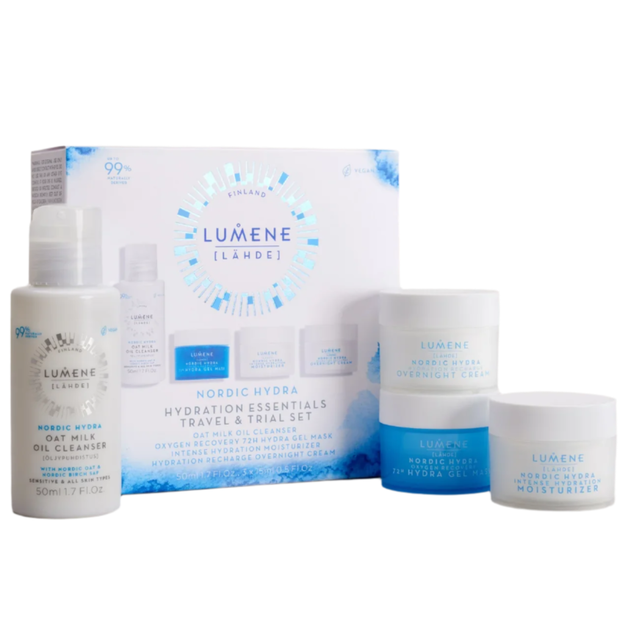 Four Lumene Nordic Hydra skincare products (oat milk oil cleanser, overnight cream, HA moisturizer, and water gel) are shown with their blue and white Lumene Nordic Hydra Travel Kit box.
