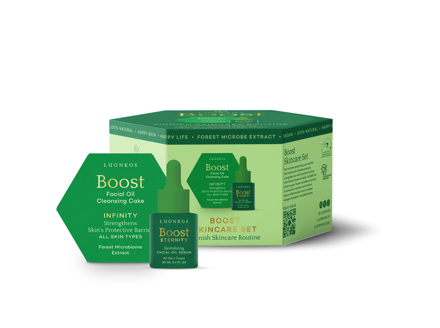 A green and white Luonkos Boost Skincare Set box is shown with two green natural facial care products—a small bottle and a hexagonal container—displayed in front.