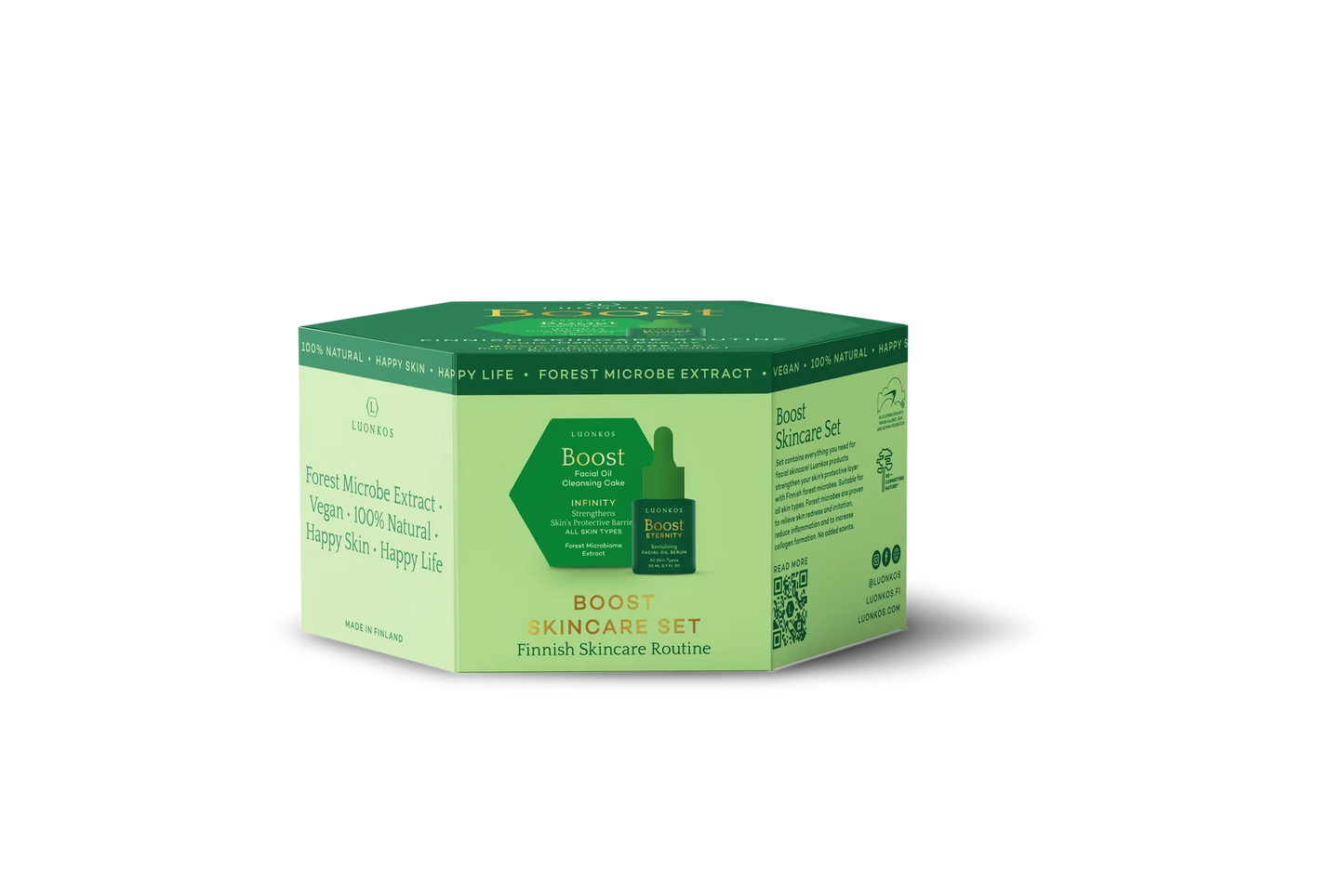 A hexagonal green Luonkos Boost Skincare Set box features vegan, natural facial care ingredients with Finnish forest microbes. The label reads "Finnish Skincare Routine" and product details appear on the sides. Brand: Luonkos.