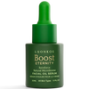 A green 20ml bottle of Luonkos Eternity Facial Oil Serum with Finnish forest microbe extract, a dropper cap, dual English/French text, and labeled for all skin types to support your skin barrier.