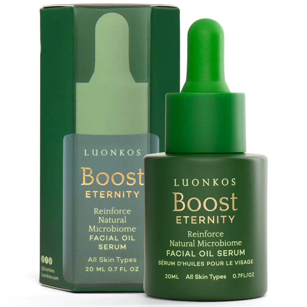 A green dropper bottle labeled Luonkos Eternity Facial Oil Serum stands before its matching box. Suitable for all skin types, it features Finnish forest microbe extract and contains 20 ml (0.7 fl oz). Brand: Luonkos.