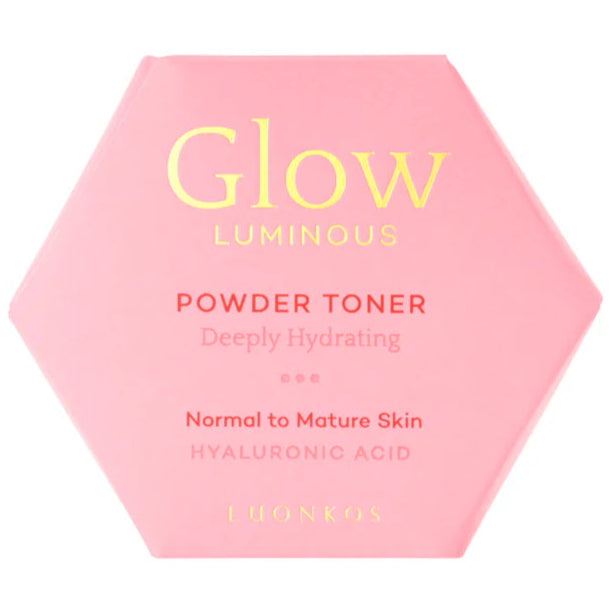 A pink hexagonal package of Luonkos Glow Luminous Powder Toner, a deeply hydrating eco-friendly toner with hyaluronic acid for normal to mature skin.