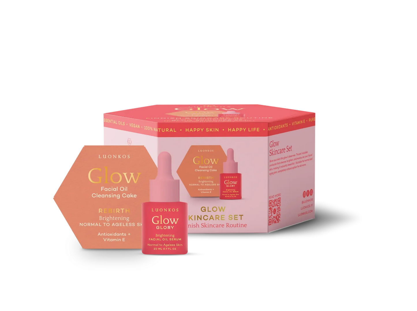 The pink and orange Luonkos Glow & Shine Skincare Set includes a dropper bottle and hexagonal soap, ideal for brightening normal to ageless skin—a perfect Finnish natural cosmetic care addition to your routine.
