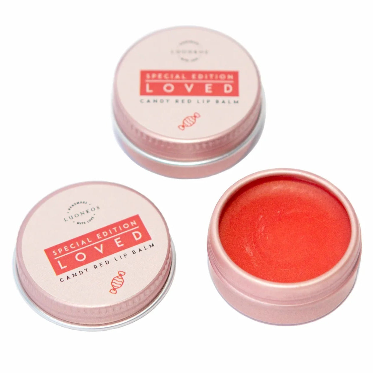Three small Luonkos Loved Special Edition Candy Red Lip Balm tins are shown. Two display the label, while one is open to reveal the vibrant red beeswax lip balm inside.